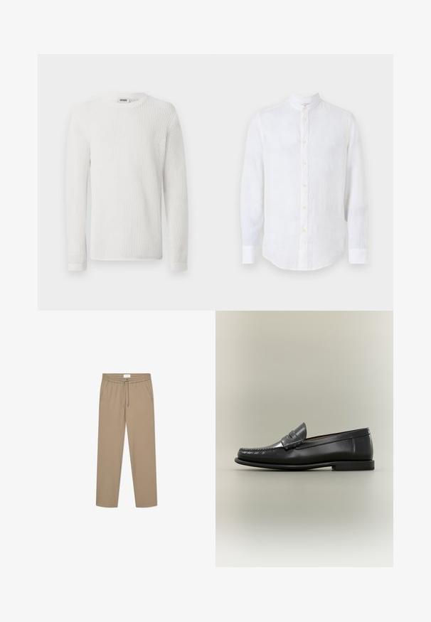 Suéter blanco de manga larga hecho de tejido de malla texturizada, con cuello redondo y puños acanalados. Diseño simple y ligero.; Camisa de lino blanca con cuello mao. Presenta mangas largas, botón frontal y un dobladillo curvado. Textura sutil.; Pantalones elásticos beige con cintura elástica y cordón, que cuentan con dos bolsillos laterales y un diseño de pierna recta. Textura suave.; Mocasín de hombre de cuero negro con diseño moc-toe, tira de tipo penny y tacón bajo sobre fondo neutro.