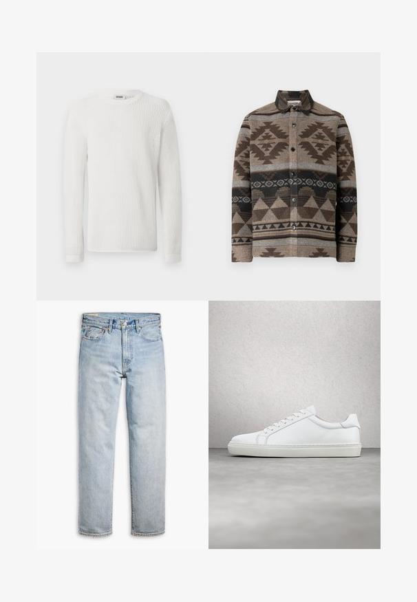 Langærmet hvid sweater lavet af tekstureret mesh-stof med rund halsudskæring og ribbede manchetter. Simpelt og let design.; Brun knap-op skjorte lavet af uld med geometriske mønstre i mørkebrun, grå og sort. Har krave og knapper foran.; Lysblå denimbukser, lige bendesign, med knaplukning, fem-lomme stil og subtil falmning over stoffet.; Hvide sneakers med en glat læderoverdel og lav profil. Har en rund tå, seks snørehuller og en tekstureret gummisål.
