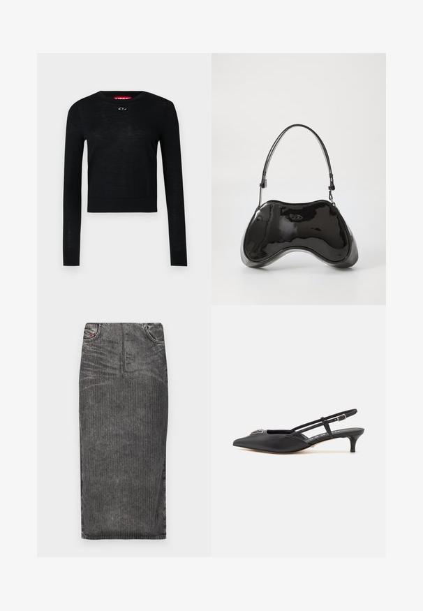 Sort langærmet sweater med rund halsudskæring og en dekorativ knapdetalje ved kraven. Fremstillet af letvægts, tekstureret stof.; Grå denim midi-skjørt med vertikale striber, med høj talje, fem lomme-design og en ren kant.; Sorte slingback-sko med spids tå, lavet af glat materiale, med en lille hæl og en dekorativ sølvaccent på vamps.; Sort patentlæder håndtaske med en unik buet form, kort justerbar hank og en lynlåslukning i toppen. Glat tekstur med diskret branding.