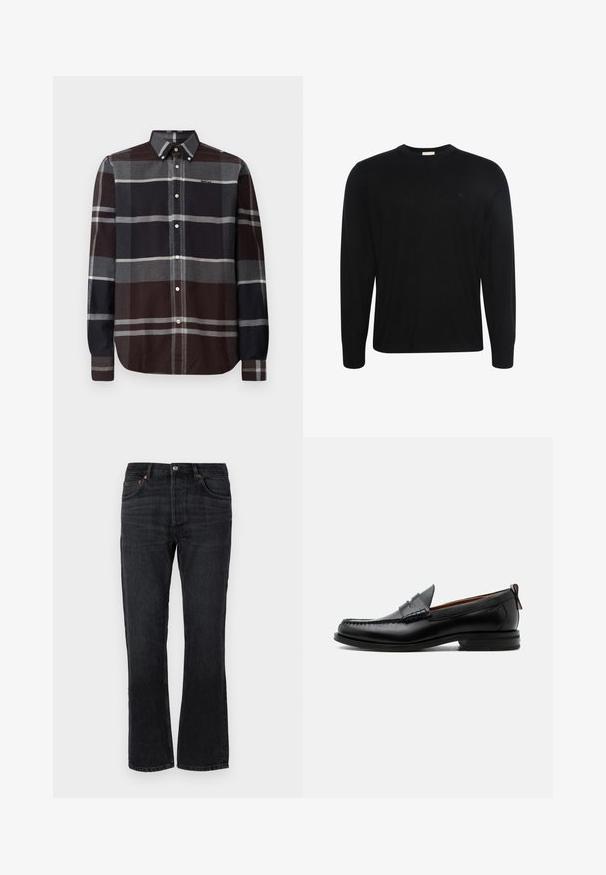 Schwarzer Pullover mit langen Ärmeln und Rundhalsausschnitt, aus dezent strukturiertem Stoff mit kleinem gesticktem Logo auf der linken Brust.; Barbour ICELOCH TAILORED TARTAN - Hemd - midnight oak; Schwarze Jeans aus Denim mit geradem Schnitt, fünf Taschen und orangen Nähten. Glatte Textur und minimale Ausbleichungen.; Schwarzer Leder-Herrenschuh mit Mokassinnaht, Penny-Riemen, strukturiertem Kragen und niedrigem gestapeltem Absatz auf weißem Hintergrund.