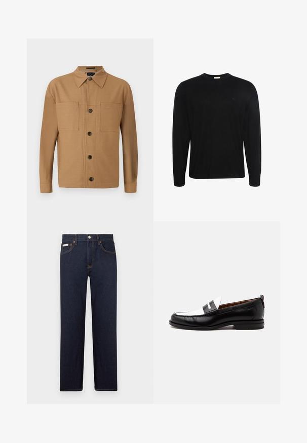 Schwarzer Pullover mit langen Ärmeln und Rundhalsausschnitt, aus dezent strukturiertem Stoff mit kleinem gesticktem Logo auf der linken Brust.; BOSS CRAIG - Hemd - medium beige; Dunkelblaue Denim-Jeans mit geradem Schnitt, einem klassischen Fünf-Taschen-Design und kontrastierenden orangen Nähten. Mit metallischem Knopfverschluss.; Schwarz-weißer Lederloafer mit genähten Details, niedrigem Absatz und einem Slip-On-Design, seitlich auf neutralem Hintergrund gezeigt.