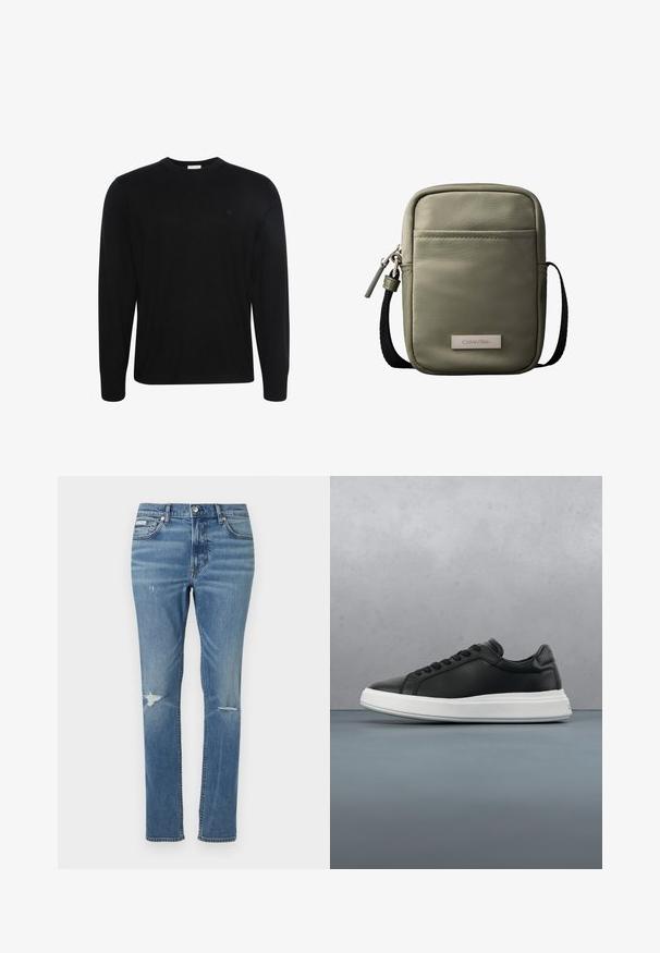 Pull noir à manches longues col rond avec un tissu subtilement texturé et un petit logo brodé sur la poitrine gauche.; Jeans en denim bleu clair à coupe droite, avec des détails usés aux genoux et un style classique à cinq poches.; Baskets en cuir noir avec une finition lisse, semelle en caoutchouc blanc, forme arrondie, six œillets pour les lacets et une marque discrète sur le talon.; Sac bandoulière compact vert olive avec poche avant, sangle noire réglable, fermeture zippée et plaque logo Calvin Klein.