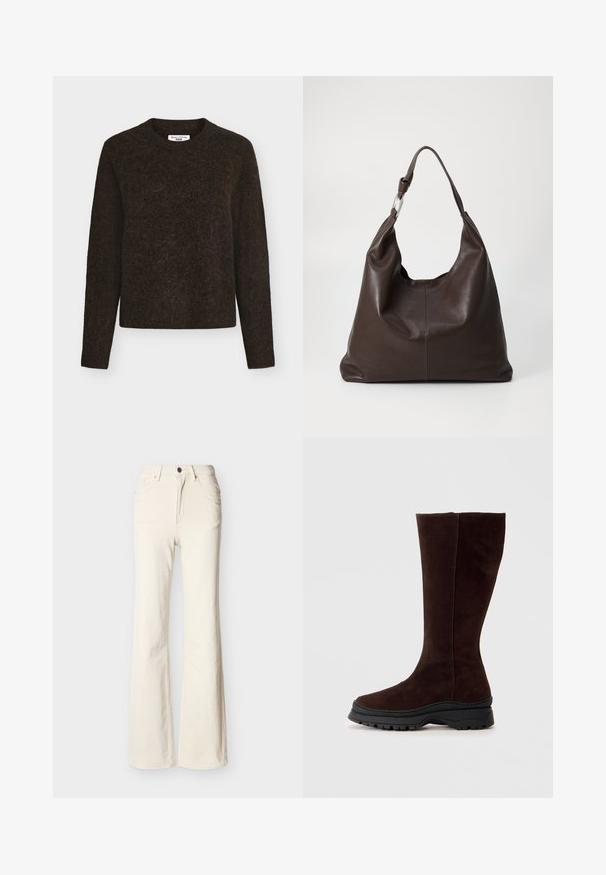 Dunkelbrauner Pullover mit Rundhalsausschnitt aus einem weichen, strukturierten Material. Mit langen Ärmeln und einem entspannten Schnitt mit subtiler Flauschigkeit.; Off-White, hoch taillierte Jeans mit vorderem Knopf, Reißverschluss, Vorder- und Rückentaschen sowie leicht ausgestelltem Bein.; Braune Wildlederstiefel bis zum Knie mit runder Spitze, chunky schwarzer Gummisohle und minimalen Stitching-Details auf der Oberseite.; Zign LEATHER - Shopping Bag - chocolate brown