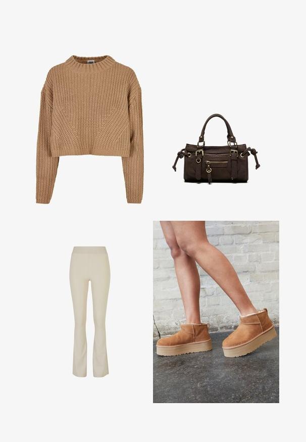 Beige Strickpullover mit hohem Kragen, verkürztem Design, langen Ärmeln und einem strukturierten Muster. Mit gerippten Bündchen und Saum.; Beige Schlaghosen aus dehnbarem Stoff, mit hohem Bund und dezenten Seitenschlitzen am Saum für zusätzliche Details.; Braune Wildleder-Stiefeletten mit einem weichen Futter, dicker beige Plateau-Sohle und einer Zuglasche auf der Rückseite. Strukturiert Oberfläche mit sichtbaren Nähdetails.; Dunkelbraune Lederhandtasche mit doppelten Griffen, vorderer Reißverschlusstasche, dekorativen Schnallen und seitlichen Knoten auf weißem Hintergrund.