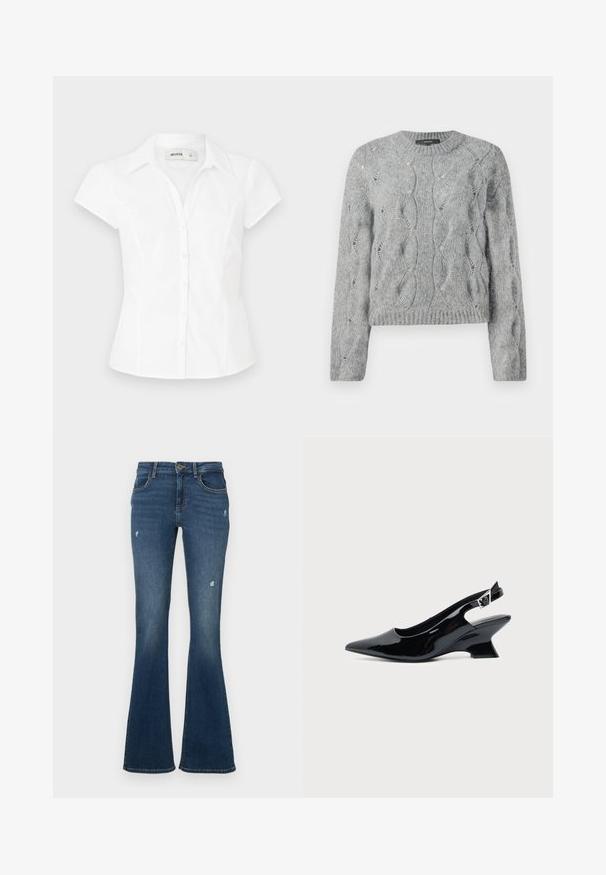 Pull à manches longues en tricot torsadé gris, avec un col rond et des bords côtes à l'encolure et aux manches, présenté sur fond blanc.; Blouse blanche à manches courtes avec un col, dotée d'une coupe ajustée et de deux rangées de boutons sur le devant. Texture en coton lisse.; Jean en denim évasé bleu foncé avec des patches usés. Comprend cinq poches et une fermeture éclair. Tissu de poids moyen avec une texture lisse.; Chaussure slingback en cuir verni noir avec bout pointu et petit talon bloc incliné sur fond clair uni.