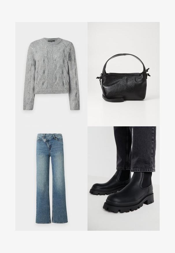 Grå kabelstrik langærmet sweater med rund hals og ribbet manchetter og kant, præsenteret på hvid baggrund.; Lyseblå denim jeans med vide ben og høj talje, let falmet effekt og knaplukning foran. Har fem lommer og minimal syning.; Sorte ankelstøvler med en kraftig sål, lavet af glat læder, med elastiske sidepaneler og en blokhæl, parret med mørke denimbukser.; Sort læderhåndtaske med et struktureret design, rund tophåndtag og aftagelig skulderrem. Den har en glat tekstur og en subtil glans.