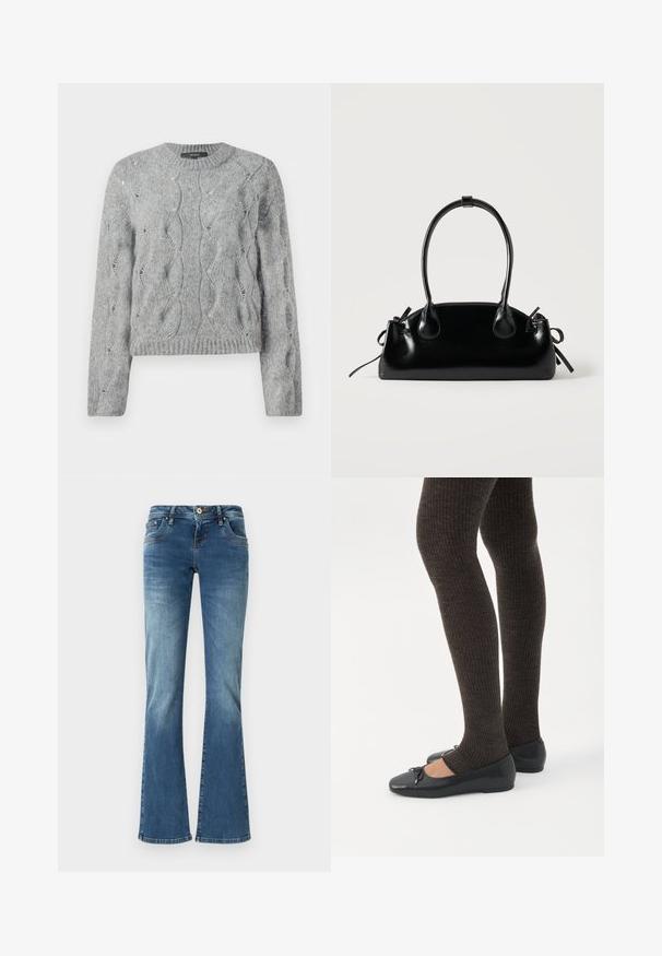 Grå kabelstrik langærmet sweater med rund hals og ribbet manchetter og kant, præsenteret på hvid baggrund.; Udsvingende denim jeans i medium blå med kontrastsyet, fem lommer og en klassisk knap- og lynlåslukning.; Ben iført mørke ribbede leggings kombineret med sorte balletsko med små sløjfedetaljer på hvid baggrund.; Lille sort blank håndtaske med to lange håndtag og snøre-detaljer i siden på en ensfarvet lys baggrund.