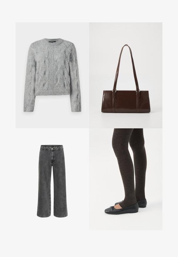 Grå kabelstrik langærmet sweater med rund hals og ribbet manchetter og kant, præsenteret på hvid baggrund.; Bredde bukser i falmet sort denim med en klassisk knaplukning, fem lomme-design og en let tekstureret finish.; Ben iført mørke ribbede leggings kombineret med sorte balletsko med små sløjfedetaljer på hvid baggrund.; Brun lakeret håndtaske med rektangulær form, to lange håndtag og subtile buede detaljer på fronten.