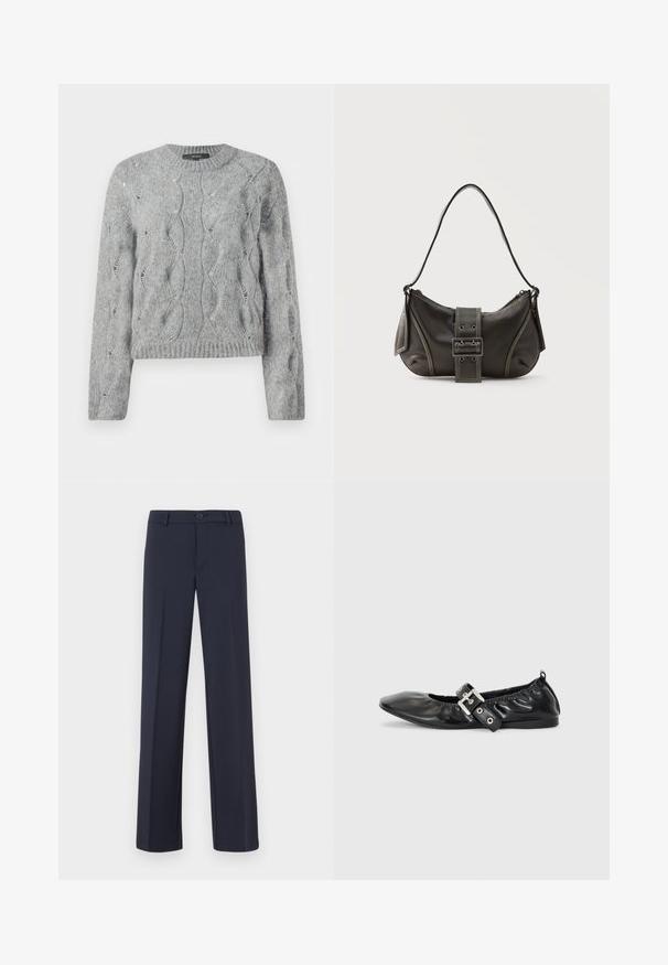 Grå kabelstrik langærmet sweater med rund hals og ribbet manchetter og kant, præsenteret på hvid baggrund.; Marineblå lige ben bukser lavet af et glat stof. Har en frontknaplukning og sidelommer. Simpelt og moderne design.; Sorte læder flade sko med spids tå, samling detaljer omkring åbningen, og en sølv spænde accent på den justerbare rem.; Sort læder skuldertaske med spænde på remmen, afrundede kanter og kontrasterende hvide syninger på en ensfarvet baggrund.