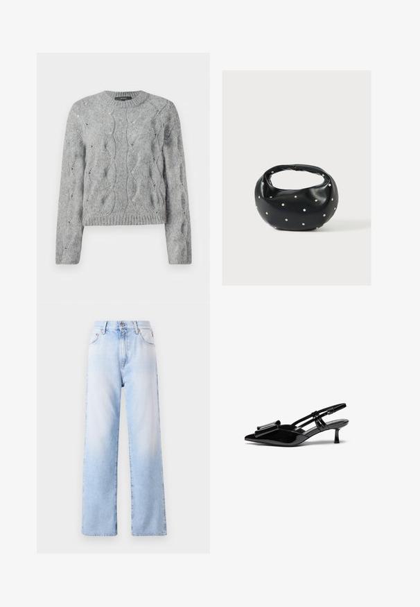 Grijze kabelgebreide trui met lange mouwen, ronde hals en geribbelde manchetten en zoom, weergegeven op een witte achtergrond.; Lichtblauwe denim jeans met een hoge tailleband, brede rechte pijpen en subtiele vervaging. Beschikt over een knoopsluiting aan de voorkant en vijf zakken.; Zwarte gepatineerde lederen slingback hakken met een puntige neus, een strikdetail aan de voorkant en een kleine stilettohak. De bandjes hebben verstelbare gespen.; Zwarte leren handtas met een afgeronde vorm, versierd met zilveren studs, en een korte handgreep. Gladde textuur en ritsluiting.