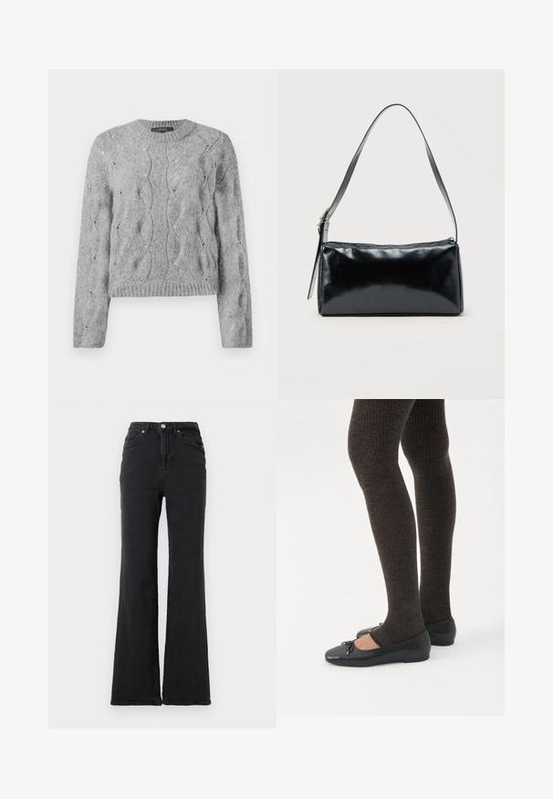 Grijze kabelgebreide trui met lange mouwen, ronde hals en geribbelde manchetten en zoom, weergegeven op een witte achtergrond.; Zwarte high-waisted denimjeans met een uitlopende pijp, een knoop aan de voorkant en een vijf-pocket ontwerp tegen een effen witte achtergrond.; Benen met donkere geribbelde leggings gecombineerd met zwarte ballerina's met kleine strikdetails op een witte achtergrond.; Zwarte rechthoekige schoudertas met een enkele verstelbare band en een bovenste ritssluiting op een effen achtergrond.