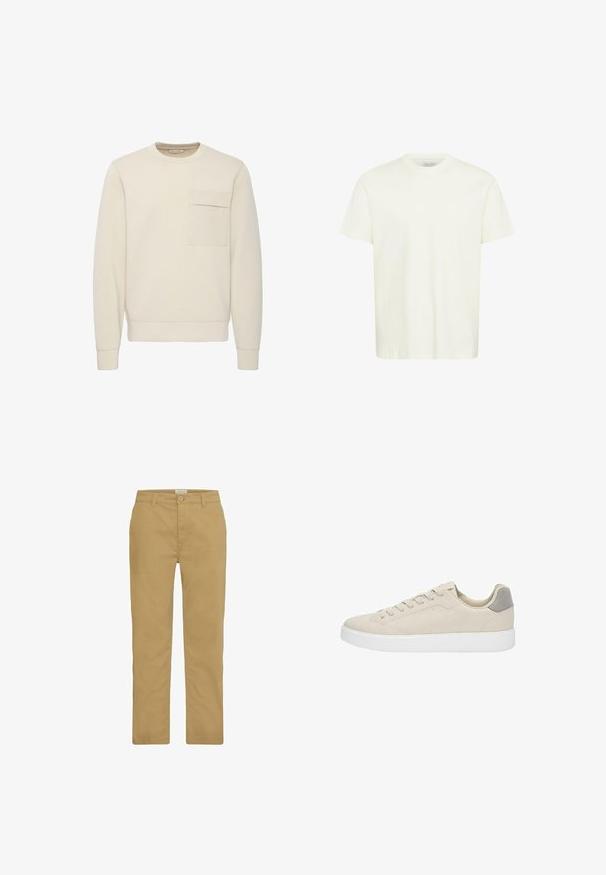 Sweatshirt beige à col rond en tissu doux, avec une poche poitrine, des poignets et un ourlet côtelés. Texture lisse avec des éléments de design minimaux.; T-shirt en coton blanc avec un col rond, des manches courtes et une coupe droite. Le tissu semble lisse avec un léger éclat. Aucun motif ni accent.; Chinos kaki en coton, avec une coupe droite, fermeture à bouton et un style classique à quatre poches. Texture lisse et couture minimale.; Baskets en suede beige avec semelles en caoutchouc blanches, présentant un design basse et un accent gris sur le talon. Fermeture à lacets avec des coutures minimales.