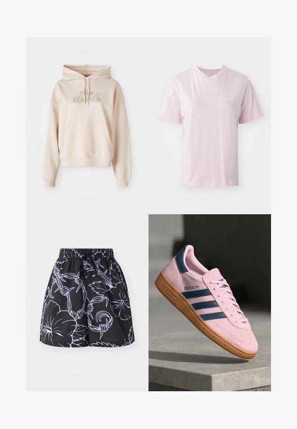 Bežová mikina s kapucňou a predným vreckom, na ktorej je logo "new balance" a kvetinové akcenty v tlmených farbách. Mäkká látka a dlhé rukávy.; Svetloružové bavlnené tričko s okrúhlym výstrihom, krátkymi rukávmi a jemným logom potlačeným bielou farbou na ľavej strane hrude.; Čierne šortky s viazacím pásom, ktoré majú kontrastné svetlofialové kvetinové a listové vzory na jednolatom pozadí.; Svetloružová semišová teniska s tmavomodrými tromi pásikmi, gumovou podrážkou a svetloružovými šnúrkami. Na boku je nápis "SPEZIAL".