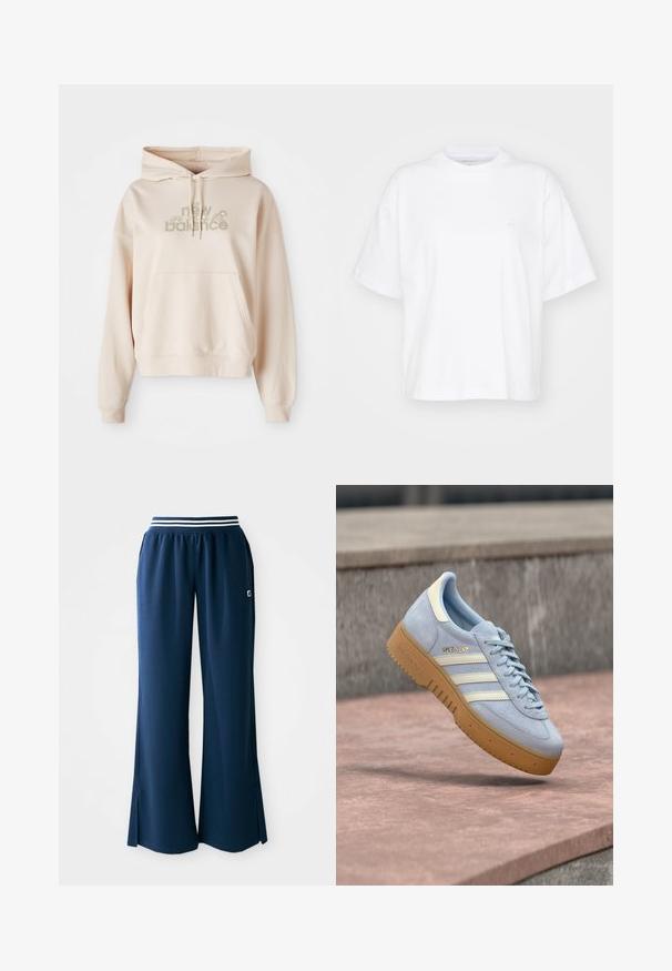 Beige hooded sweatshirt met een voorkantzak, voorzien van het "new balance" logo en bloemaccenten in gedempte kleuren. Zachte stof en lange mouwen.; Witte katoenen t-shirt met een ronde hals, korte mouwen en een ontspannen pasvorm. Heeft een subtiel logo op het linkerborstgedeelte. Zachte textuur.; Marineblauwe sportbroek met wijde pijpen, elastische tailleband met een witte streep en zijsplitten voor extra bewegingsvrijheid. Logo op de zak.; Lichtblauwe suède sneaker met witte strepen en gouden merklogo, voorzien van een gumrubberen zool en een gevoerde kraag voor comfort.