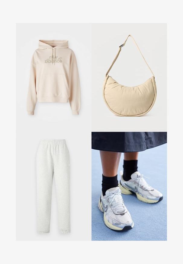 Sudadera con capucha beige con un bolsillo frontal, que presenta el logo de "new balance" y acentos florales en colores apagados. Tejido suave y mangas largas.; Pantalones de chándal gris claro con una cinturilla elástica, piernas cónicas y puños acanalados. Fabricados con un tejido suave y texturizado. Detalle del logo blanco en el lateral.; Zapatillas Nike blancas y plateadas con tejido de malla, detalles reflectantes y una suela beige. Llevadas con calcetines negros, de pie sobre una superficie azul.; Bolso de hombro beige en forma de media luna con una textura suave y acolchada. Cuenta con una correa ajustable y un cierre de cremallera en el borde superior.