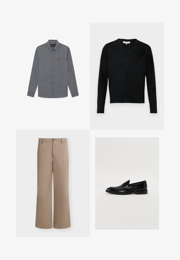 Pull noir à manches longues avec col en V, poignets et bordures côtelés, étiquette indiquant "Paul & Joe", présenté sur un fond clair uni.; Chemise à manches longues à carreaux noirs et blancs, boutonnée avec col et petit logo jaune sur le côté gauche de la poitrine.; Pantalon beige droit avec fermeture par bouton et zip, passants pour ceinture et poches latérales sur fond uni.; Mocassin en cuir noir avec une pointe arrondie, des coutures discrètes et une finition lisse. Doté d'un talon bas empilé et d'une sangle sur le cou-de-pied.