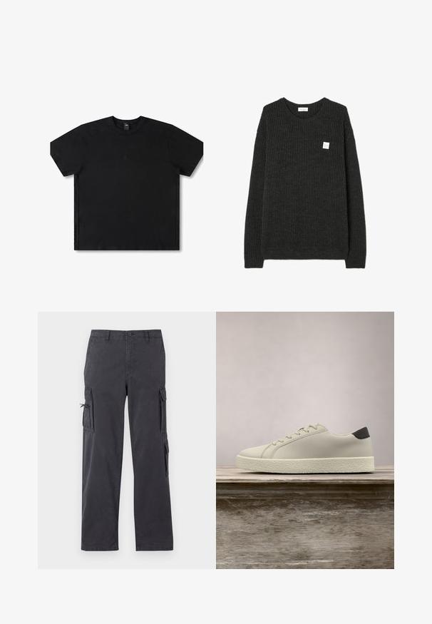 American Vintage CRASHWAY - Striktrøje - anthracite; Sort kortærmet t-shirt lavet af bomuld med rund hals, med et diskret logo i midten og en afslappet pasform.; Mørkegrå cargo-bukser med lige ben, lavet af holdbar bomuldsblanding, med sidelommer og justerbare snore.; Hvid sneaker med tekstureret sål og sort hældetalje, svævende over en træbænk med højt grønt græs i baggrunden.