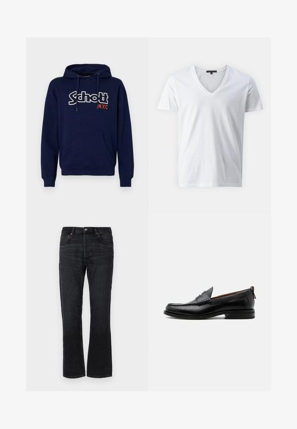 Marineblauer Kapuzenpullover mit einer Kängurutasche und einem weißen sowie roten "Schott NYC"-Logo. Verfügt über eine Kapuze mit Kordelzug sowie gerippte Bündchen und Saum. Weicher Stoff.; Weißes Baumwoll-T-Shirt mit V-Ausschnitt, kurzen Ärmeln und einer glatten Textur. Einfacher, unverzierter Stil.; Schwarze Jeans aus Denim mit geradem Schnitt, fünf Taschen und orangen Nähten. Glatte Textur und minimale Ausbleichungen.; Schwarzer Leder-Herrenschuh mit Mokassinnaht, Penny-Riemen, strukturiertem Kragen und niedrigem gestapeltem Absatz auf weißem Hintergrund.