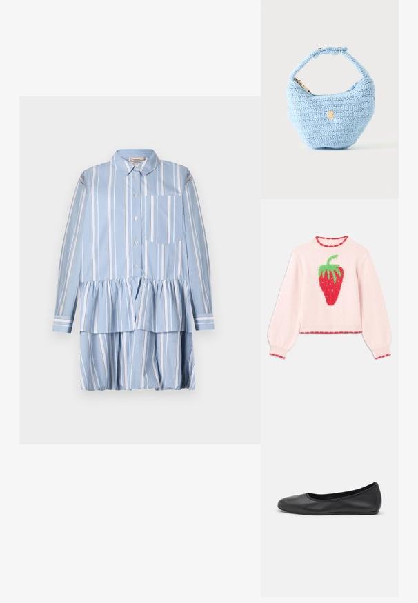 Pull en tricot rose avec un grand graphisme de fraise rouge, des feuilles vertes et un bord côtelé avec un contraste rouge.; Robe chemise bleu clair à rayures verticales blanches, avec un bas volanté, des manches longues et une poche à rabat sur le côté gauche.; Ballerines en cuir noir avec un bout rond, texture lisse, détails de couture minimalistes et design de semelle flexible.; Petit sac à main bleu clair crocheté avec une petite bandoulière et une fermeture éclair dorée, présenté sur un fond clair uni.