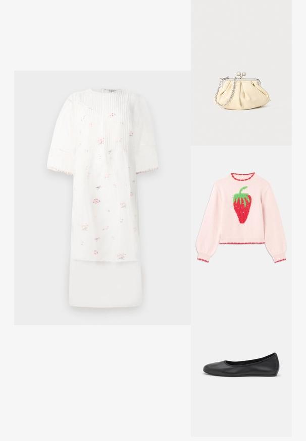 Pull en tricot rose avec un grand graphisme de fraise rouge, des feuilles vertes et un bord côtelé avec un contraste rouge.; Robe blanche avec de courtes manches bouffantes, ornée de plis verticaux et de petits motifs floraux roses. Fabriquée en tissu léger avec un design superposé.; Ballerines en cuir noir avec un bout rond, texture lisse, détails de couture minimalistes et design de semelle flexible.; Pochette en cuir beige plissé avec un cadre en métal argenté, dotée de deux fermoirs ronds décoratifs et d'une chaîne en argent.