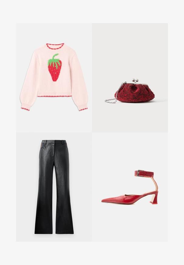 Pull en tricot rose avec un grand graphisme de fraise rouge, des feuilles vertes et un bord côtelé avec un contraste rouge.; Pantalon évasé en cuir noir avec une texture lisse, comportant deux poches avant avec des accents noirs et marron près de la taille.; Chaussure à talon haut en cuir rouge à bout pointu avec bride de cheville texturée et boucle argentée sur un talon bloc courbé, vue de profil.; Petit sac pochette rouge orné de perles, avec fermoir argenté et chaîne sur un fond blanc uni.