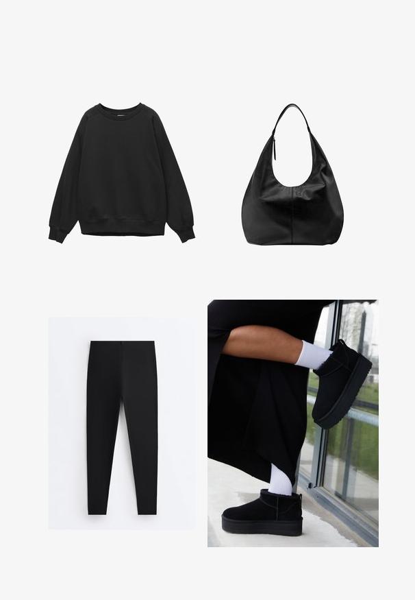 Schwarzer Sweatshirt mit Rundhalsausschnitt, langen Raglanärmeln sowie gerippten Bündchen an Ärmeln und Saum, schlichtes Design, flach auf weißem Hintergrund liegend.; Schwarze eng anliegende Leggings mit hohem Bund und glattem Stoff, flach auf einem weißen Hintergrund dargestellt.; Schwarze Wildleder-Stiefeletten mit flacher Sohle, versehen mit einer Zuglasche hinten, getragen mit weißen Knöchel-Socken vor einem minimalistischem Hintergrund.; Schwarze Leder-Hobo-Tasche mit einem breiten Riemen und einem Reißverschlussdetail auf einem schlichten weißen Hintergrund.