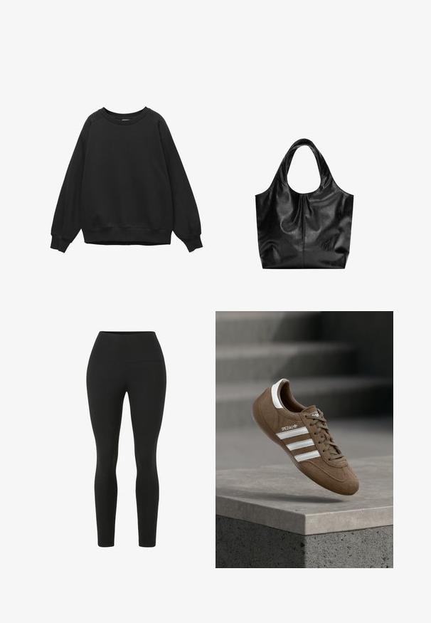 Sort crewneck-sweatshirt med lange raglanærmer og ribstrikkede manchetter og kant, ensfarvet design, lagt fladt på en hvid baggrund.; Sorte leggings med høj talje. Lavet af strækbart stof, der har en glat tekstur og en tætsiddende silhuet uden synlige sømme.; Brun ruskind Adidas Spezial sneaker med hvide striber og snørebånd, svævende over en grå betonkantring mod en sløret baggrund af trapper.; Sort læder tote taske med en glat overflade, en blød, afrundet top og brede håndtag. Har minimal syning og en afslappet silhuet.