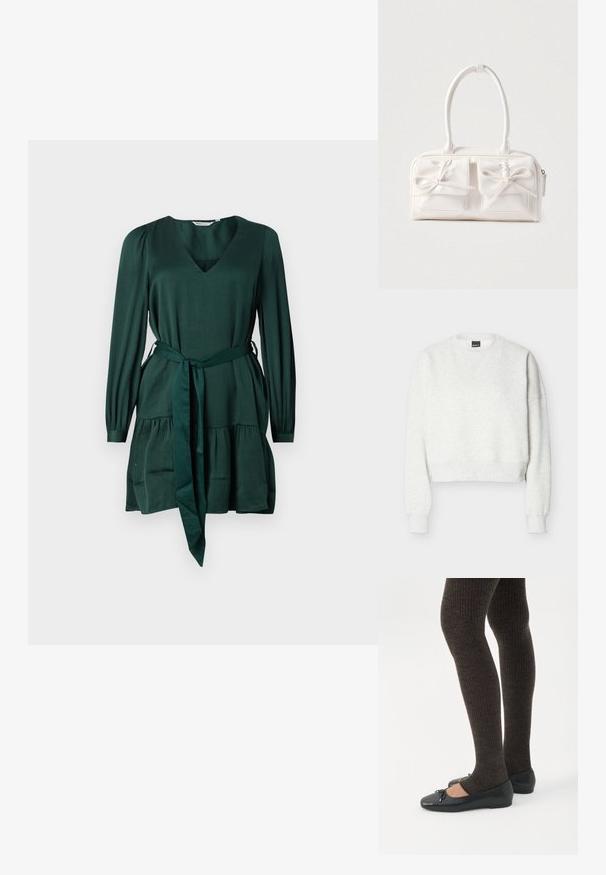 Sudadera corta gris claro con cuello redondo, mangas largas y puños y dobladillo acanalados.; Vestido verde de manga larga en tejido suave y texturizado. Presenta un escote en V, un lazo en la cintura y una falda con volantes. Diseño simple y elegante.; Piernas con leggings oscuros acanalados combinados con bailarinas negras que presentan pequeños detalles de lazo sobre un fondo blanco.; Bolso sintético blanco con dos bolsillos delanteros, cada uno con un detalle de lazo atado. Textura suave, asas redondeadas y cierre de cremallera.