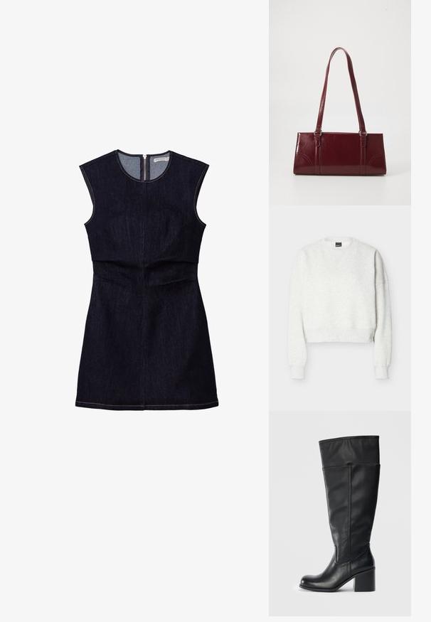 Lysegrå cropped sweatshirt med rund hals, lange ærmer og ribstrikkede manchetter og kant.; Mørk denim ærmeløs kjole med en tætsiddende overdel og en flagrende nederdel. Har en lynlås i ryggen og enkle stikninger.; Knæhøje sorte læderstøvler med blokhæle, glat tekstur og syninger langs siderne. Enkel og moderne design.; Bordeaux håndtaske lavet af glansfuldt materiale, rektangulær form, med to skulderremme og subtile buede detaljer på forsiden.