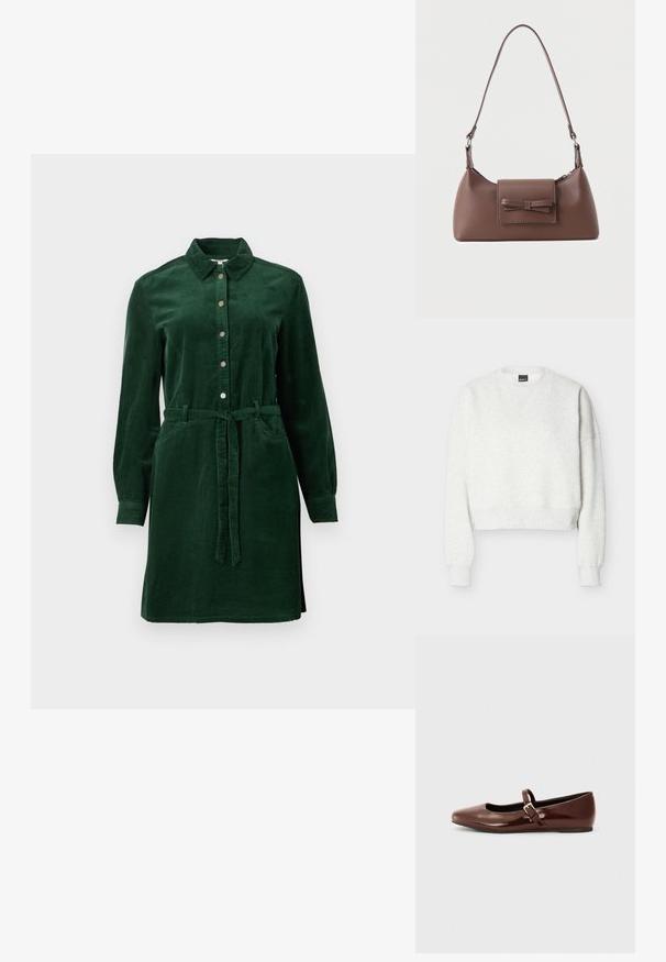 Sudadera corta gris claro con cuello redondo, mangas largas y puños y dobladillo acanalados.; Vestido camisa de pana verde oscuro con manga larga, botones frontales, cuello, dos bolsillos y un cinturón de tela atado en la cintura.; Bailarina de charol marrón con punta cuadrada y tira que presenta una pequeña hebilla dorada. Textura suave, tacón bajo y diseño minimalista.; Bolso bandolera de cuero marrón con un bolsillo frontal de solapa que presenta un detalle de moño cosido y una correa ajustable.
