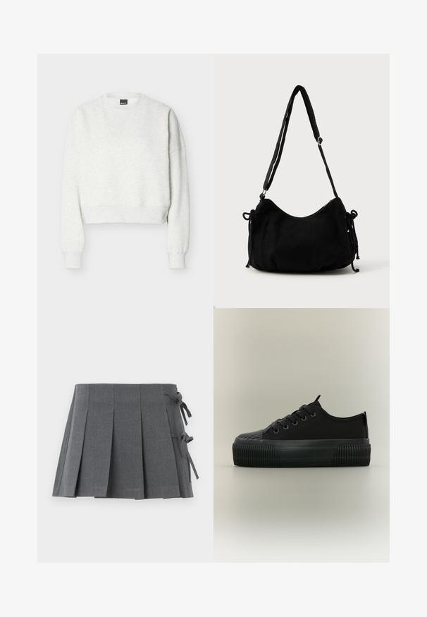Sudadera corta gris claro con cuello redondo, mangas largas y puños y dobladillo acanalados.; Minifalda plisada gris en un tejido texturizado, que presenta un cierre anudado en un lado y una cintura lisa para mayor comodidad.; Zapatilla negra de plataforma con suela gruesa acanalada, cordones en la parte delantera y tiradores en la lengüeta y el talón, mostrada de lado sobre un fondo neutro.; Bolso de hombro de pana negra con forma curva, correa ajustable y cierres de cordón en ambos lados para ajustar el tamaño.