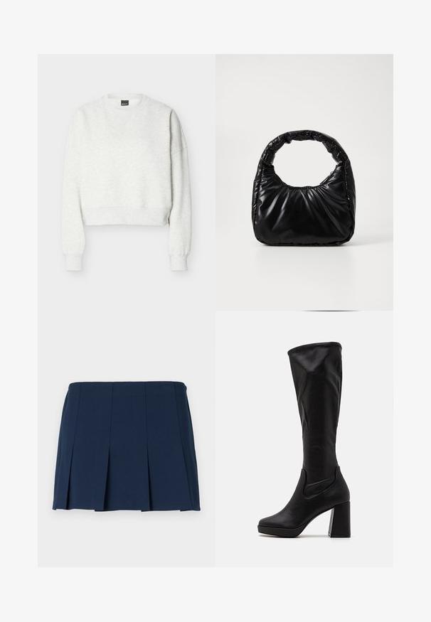 Lysegrå cropped sweatshirt med rund hals, lange ærmer og ribstrikkede manchetter og kant.; Mørkeblå, plisseret mini nederdel med en lige talje, lavet af et glat stof. Har lodrette syninger langs plisseringerne.; Sorte knælange støvler lavet af glat læder, med en kraftig blokhælt og elastiske sideskår for nem påtagning.; Sort polstret håndtaske med et rundt håndtag, der har en glat, skinnende overflade og en blød, kviltet tekstur. Ingen synlige hardware eller accenter.