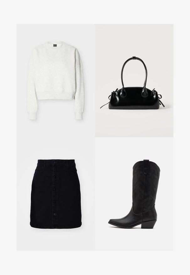Lysegrå cropped sweatshirt med rund hals, lange ærmer og ribstrikkede manchetter og kant.; Sort denimnederdel med frontknaplukning, to lommer, lige pasform og en ren kant. Fremstillet af et kraftigt stof med en glat tekstur.; Sort læder cowboystøvle med spids tå, lav stablet hæl og indviklet præget bladmønster på skaftet. Strop øverst for nem påtagning.; Lille sort blank håndtaske med to lange håndtag og snøre-detaljer i siden på en ensfarvet lys baggrund.