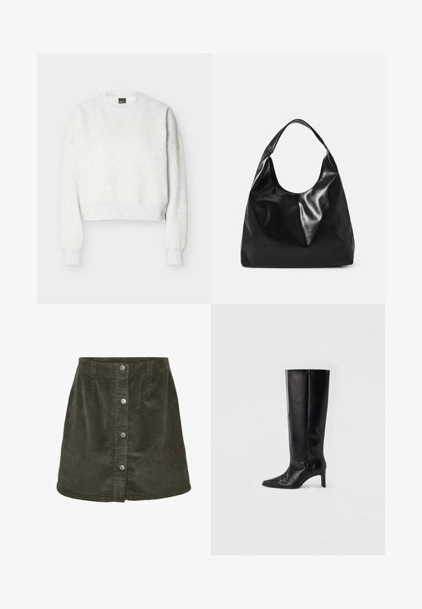 Lichtgrijze cropped crewneck-sweatshirt met lange mouwen en geribde boorden en zoom.; Donkergroene corduroy mini-jurk in A-lijn vorm, met vijf zilveren knoopsluitingen aan de voorkant en verticale ribbelstructuur.; Zwarte kniehoge laarzen gemaakt van glad leer, met een puntige neus en een slanke hak, een nauwsluitende schacht en een minimalistisch ontwerp.; Zwarte leren hobo tas met een zachte, glanzende textuur en een ronde, open bovenkant. Voorzien van een brede, gebogen schouderband om te dragen. Geen zichtbare hardware.