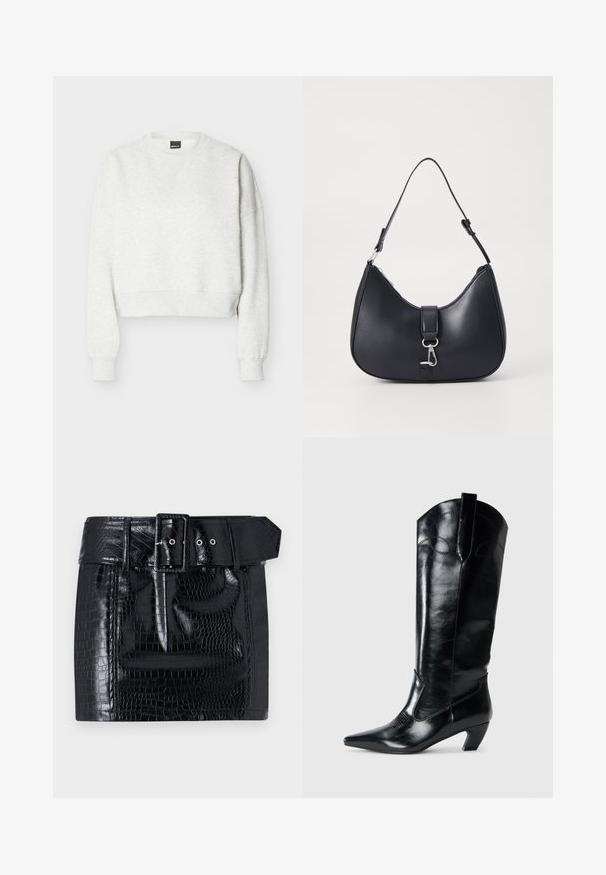 Lysegrå cropped sweatshirt med rund hals, lange ærmer og ribstrikkede manchetter og kant.; Sort faux læder mini nederdel med krokodillemønster, bredt bælte med firkantet spænde og trykknapdetalje i taljen.; Sorte læderknæhøje støvler med spids tå, lav hæl og dekorative syninger på siderne. Glat, blank overflade.; Pieces PCLIKA SHOULDER BAG - Håndtasker - black