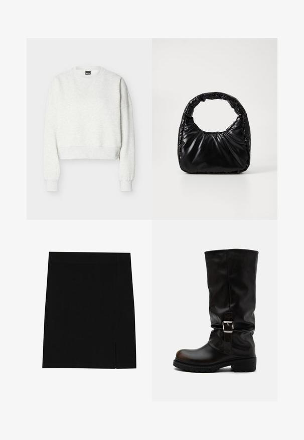 Sweat-shirt court gris clair à col rond avec manches longues et poignets et ourlet côtelés.; Mini-jupe noire en tissu doux avec une coupe ajustée, présentant une légère fente sur le côté pour plus de style.; Botte haute en cuir noir avec bout arrondi, talon bas, bride à boucle latérale et tige légèrement relâchée sur fond blanc.; Sac à main noir rembourré avec une poignée arrondie, présentant une surface lisse et brillante ainsi qu'une texture douce et matelassée. Pas de quincaillerie ou d'accents visibles.