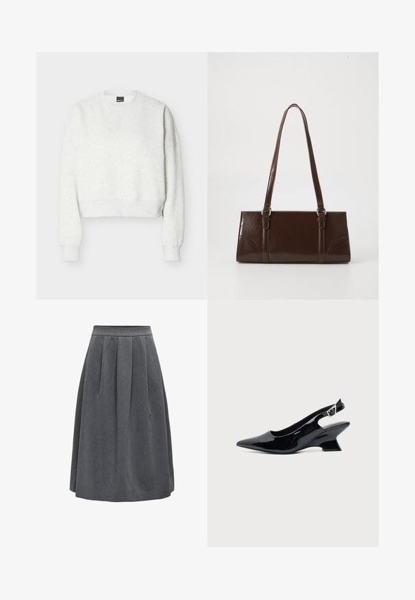 Sweat-shirt court gris clair à col rond avec manches longues et poignets et ourlet côtelés.; Jupe plissée gris foncé de longueur moyenne avec une taille ajustée, conçue pour un usage décontracté ou professionnel.; Chaussure slingback en cuir verni noir avec bout pointu et petit talon bloc incliné sur fond clair uni.; Sac à main en cuir verni marron de forme rectangulaire, avec deux longues poignées et des accents courbés subtils à l'avant.
