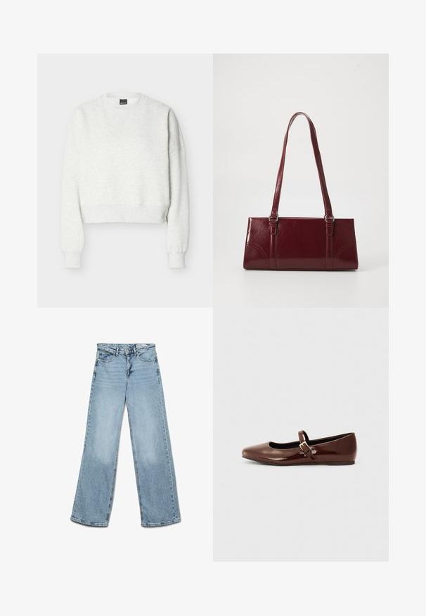 Lichtgrijze cropped crewneck-sweatshirt met lange mouwen en geribde boorden en zoom.; Lichtblauwe jeans met hoge taille en wijde pijpen, met knoop- en ritssluiting, voor- en achterzakken en riemlussen.; Bruine gepatineerde leren balletschoen met een vierkante neus en een bandje met een kleine gouden gesp. Gladde textuur, lage hak en minimalistisch ontwerp.; Bourgondische handtas van glanzend materiaal, rechthoekige vorm, met twee schouderbanden en subtiele gebogen accenten aan de voorkant.