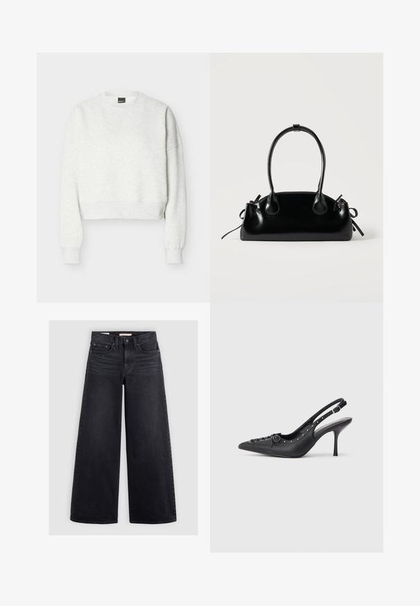 Sweat-shirt court gris clair à col rond avec manches longues et poignets et ourlet côtelés.; Jean noir à jambe large en denim, avec une taille haute, un design à cinq poches et un léger délavage sur le devant.; Escarpin en cuir noir à talon aiguille avec un bout pointu, une bride latérale à boucle, des clous le long du bord et un laçage décoratif à l'avant.; Petit sac à main noir brillant avec deux longues anses et des détails à cordon sur les côtés sur un fond clair uni.