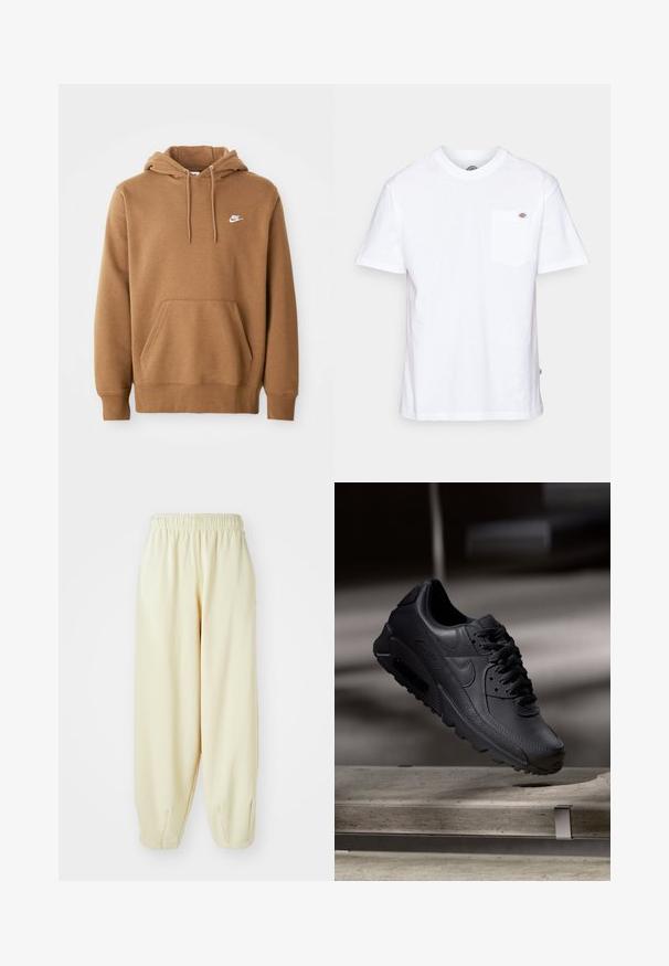 Bruine Nike-hoodie met voorzak, trekkoordkap en wit Nike-logo op de linkerborst, weergegeven tegen een witte achtergrond.; Witte katoenen t-shirt met een ronde hals, korte mouwen en een borstzak met een klein merklogo aan de linkerkant.; Crèmekleurige sweatpants met een elastische tailleband, taps toelopende pijpen en een losse pasvorm. Gemaakt van zachte, lichte stof.; Zwarte Nike Air Max sneakers met een bovenwerk van gestructureerd leer, rubberen zool en een opvallend vetersysteem, dat een strakke, moderne uitstraling heeft.