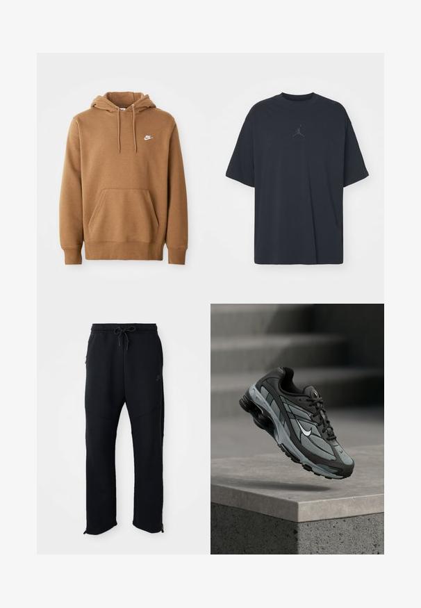 Bruine Nike-hoodie met voorzak, trekkoordkap en wit Nike-logo op de linkerborst, weergegeven tegen een witte achtergrond.; Zwarte katoen T-shirt met een losse pasvorm, ronde hals, korte mouwen, met een subtiele logo en de tekst "AIR" boven het logo in het midden.; Zwarte sportbroek met elastische tailleband en trekkoord, met zijzakken, taps toelopende pijpen en ritsen bij de enkels. Glad textuur.; Grijze en zwarte sportieve sneaker met meshpanelen en dikke zool, zwevend in de lucht boven een betonnen richel met trappen op de achtergrond.