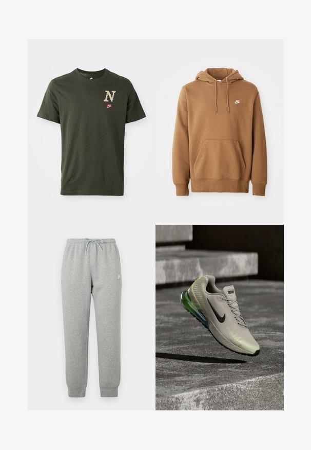 Bruine Nike-hoodie met voorzak, trekkoordkap en wit Nike-logo op de linkerborst, weergegeven tegen een witte achtergrond.; Olijfgroene katoenen t-shirt met korte mouwen, voorzien van een groot, gestileerd "N" logo in beige en een kleine roze Nike swoosh op de borst.; Grijze trainingsbroek gemaakt van zachte stof, met een elastische tailleband met trekkoord, taps toelopende pijpen en een klein wit logo aan de zijkant.; Beige sportschoen met een gestructureerd bovenwerk, zwarte Swoosh, lichtgroene accenten en een zichtbare luchtkusseneenheid in groen en blauw.