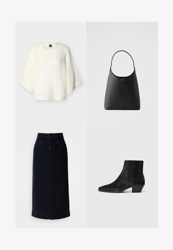 Hvid løsstrikket sweater med brede trekvartærmer og rund halsudskæring, mærket "BOSS" indeni kraven.; Mørk denim midi nederdel med høj talje, frontknaplukning og sidelommer; har en lige skæring og en subtil kantdetalje.; Sort ankelstøvle med spidse tæer, tekstureret håragtigt materiale, ribbet sidepanel og en lav, firkantet hæl. Simpelt og moderne design.; Sort læderhåndtaske med enkelt buet håndtag, glat tekstur og et diskret logo foran. Minimalistisk design og rummeligt indre.