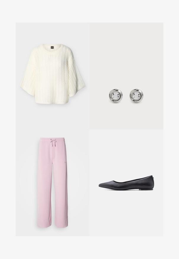 Pull blanc à maille lâche avec des manches larges trois-quarts et un col rond, étiqueté "BOSS" à l'intérieur du col.; Pantalons de survêtement rose clair avec une taille à cordon de serrage, jambes larges et ourlet replié. Présente un petit logo brodé sur le côté. Texture de tissu douce.; Chaussure plate en cuir noire à bout pointu avec petit talon, vue de profil sur fond blanc.; Boucles d'oreilles en métal argenté avec des cristaux ronds et transparents, présentant une finition lisse et polie ainsi qu'un design circulaire avec des bords légèrement surélevés.