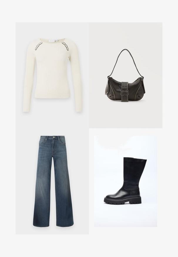 Ribbede langærmede top i off-white med en rund hals og kontrastfarvede sorte detaljer på skuldrene. Strikket tekstur, tætsiddende design.; Bredde denim jeans i mørkeblå, med en slidteknik, knaplukning og fem-lomme stil. Glat tekstur, minimal syning detaljer.; Sorte læder knæhøje støvler med en chunky sål, designet med en glat tekstur, rund tå og minimalistisk silhuet.; Sort læder skuldertaske med spænde på remmen, afrundede kanter og kontrasterende hvide syninger på en ensfarvet baggrund.