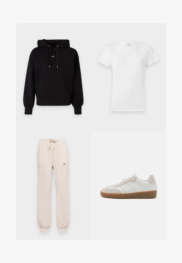 Zwarte hoodie gemaakt van zacht materiaal. Heeft een cropped ontwerp, elastische boorden en gouden trekkoorden met een logo.; Witte katoenen t-shirt met ronde hals en korte mouwen, met een relaxed fit en een minimalistisch ontwerp. Etiket zichtbaar aan de hals.; Lichtbeige joggingbroek met een elastische tailleband, koordje en manchetten aan de enkels. Bevat twee zijzakken en een klein logodat. ; Witte leren sneakers met beige suède accenten, een gestructureerde tong en een rubberen zool. Voorzien van witte veters en subtiele gestikte details.