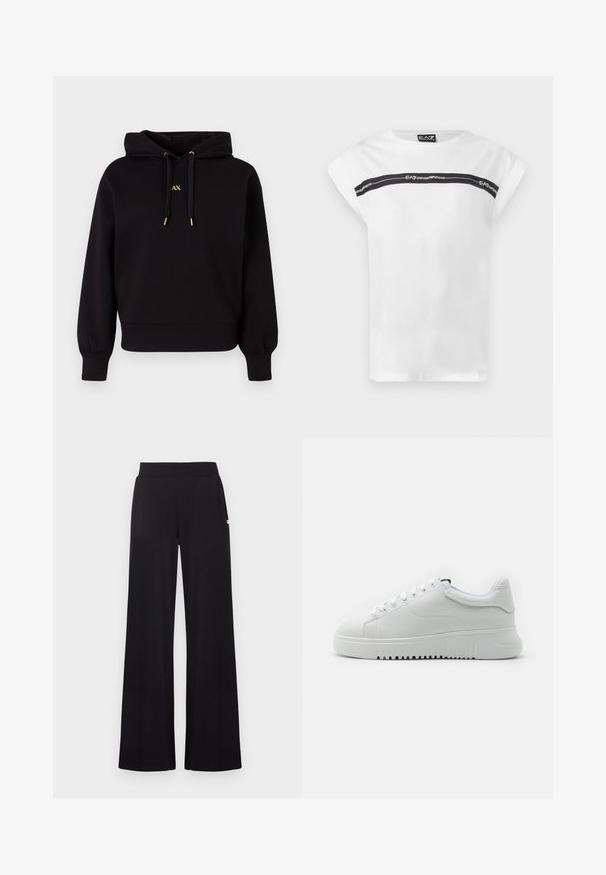Sudadera negra con capucha hecha de tela suave. Presenta un diseño recortado, puños elásticos y cordones con acentos dorados que llevan un logo.; Camiseta blanca de manga corta con una franja horizontal negra en el pecho con la marca "EA7 Emporio Armani".; Pantalones negros de pierna ancha con una cintura ajustada, hechos de una tela suave. Cuentan con discretos bolsillos laterales y detalles mínimos de herrajes.; Zapatillas blancas con un upper de cuero texturizado, punta redonda y diseño de cordones. Suela de goma blanca gruesa con un patrón de agarre texturizado.