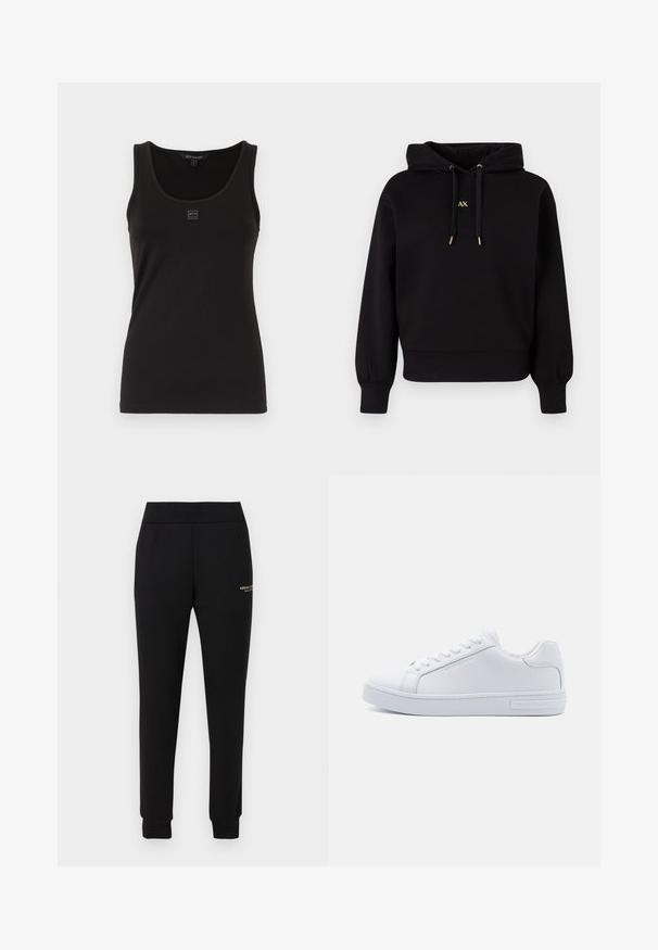 Sweat-shirt à capuche noir en tissu doux. Doté d'un design court, de poignets élastiques, et de cordons de serrage avec des accents dorés et un logo.; Débardeur noir en tissu lisse et extensible. Présente un col rond et un petit logo sur le devant. Design simple et ajusté.; Pantalon de survêtement noir fuselé avec taille et poignets élastiques, présentant un petit logo doré "Armani Exchange" sur la cuisse droite.; Baskets basses en cuir blanc avec bout rond, semelle en caoutchouc plate et détail de logo sur le côté. Comprend six paires d'œillets et des accents texturés.