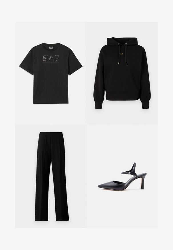 Sudadera negra con capucha hecha de tela suave. Presenta un diseño recortado, puños elásticos y cordones con acentos dorados que llevan un logo.; Camiseta de algodón negra con un diseño de logo texturado en lentejuelas con "EA7" y "EMPORIO ARMANI" impreso en gris en el frente. Manga corta.; Pantalones de pierna ancha negros, confeccionados con una tela suave, que presentan una cintura plana y pliegues frontales para un aspecto ajustado. Sin herrajes visibles ni patrones.; Zapato de tacón alto negro con punta en punta, tira delgada en el tobillo y hebilla plateada, acabado en cuero liso, elegante zapato para mujer.