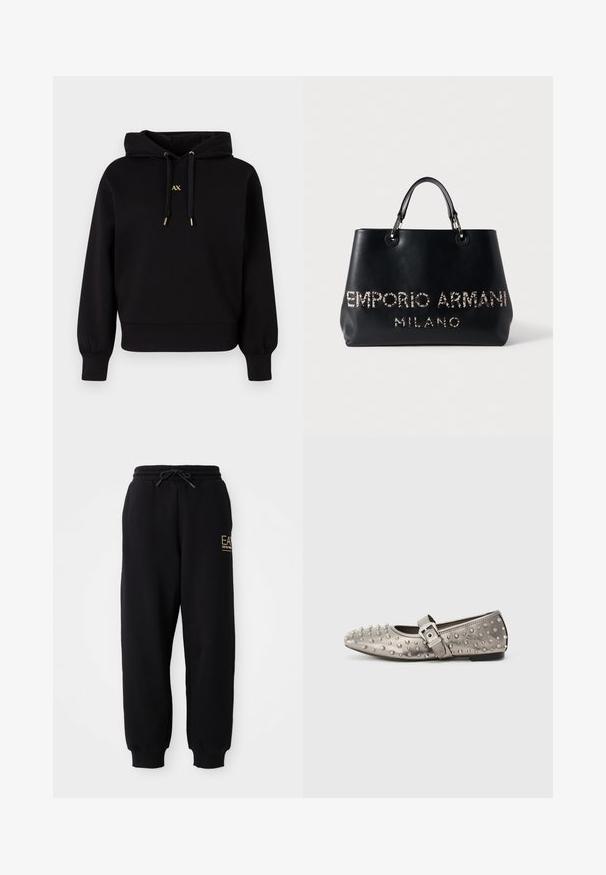 Sort hætte sweatshirt lavet af blødt stof. Har et cropped design, elastiske manchetter og guld accents snore med etlogo.; Sorte sweatpants med snor i taljen, elastiske manchetter og et lille guld logo på venstre side. Blødt stof med en glat tekstur.; Grå fladsko med rund tå, prydet med metalliske nitter og en sidesnor med en sølvspænde detalje. Glat tekstur.; Sort lædertaske med en struktureret form, to hanke og metallisk branding, "EMPORIO ARMANI MILANO," fremhævet med nitter.